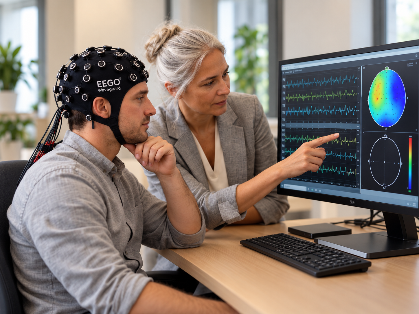 Deelnemer met EEG-hoofdband tijdens een Brain Wellness-meting