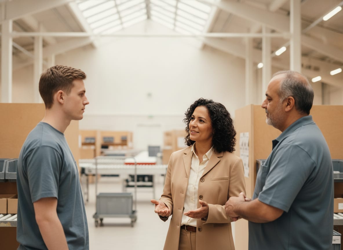 Ploegleider in gesprek met medewerkers in een distributiecentrum