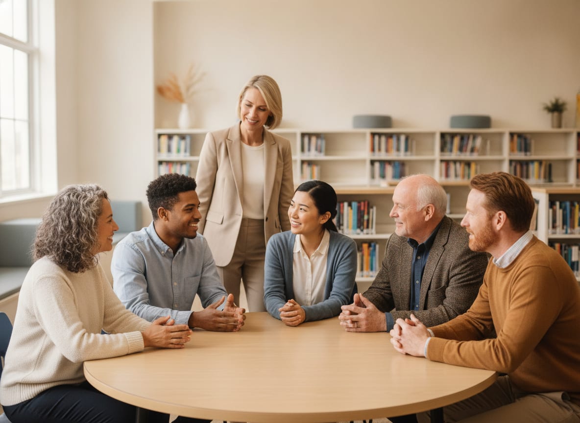 Schoolleiders in gesprek in een schoolbibliotheek
