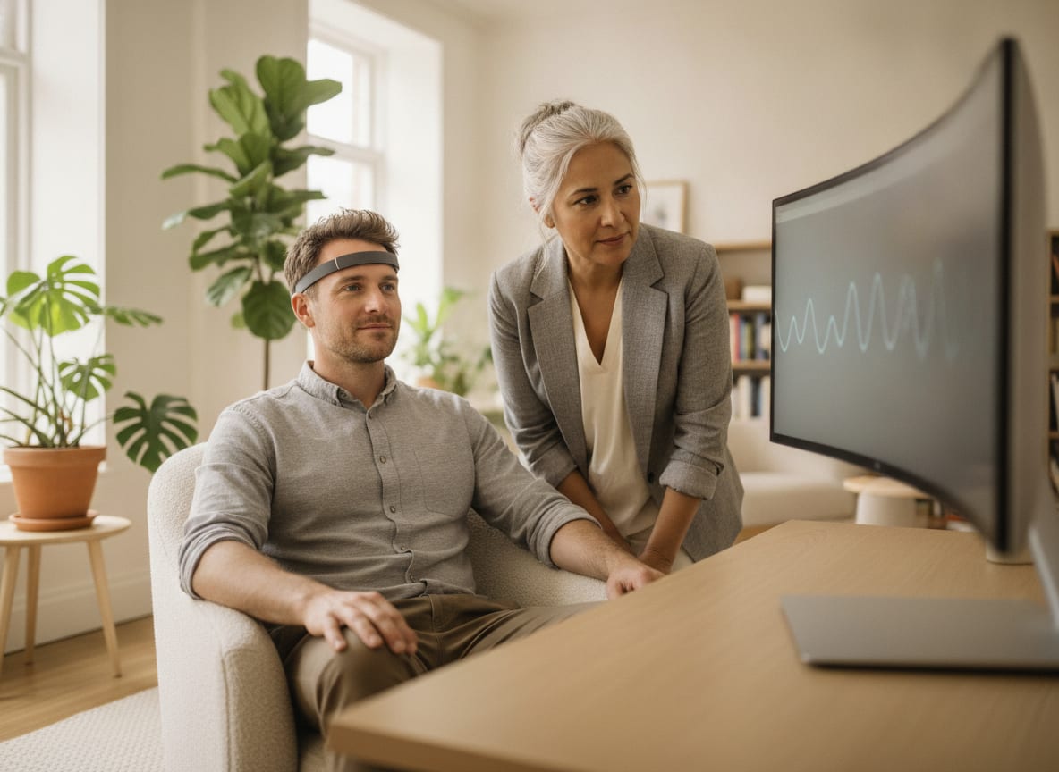 Deelnemer met EEG-hoofdband tijdens een Brain Wellness-meting