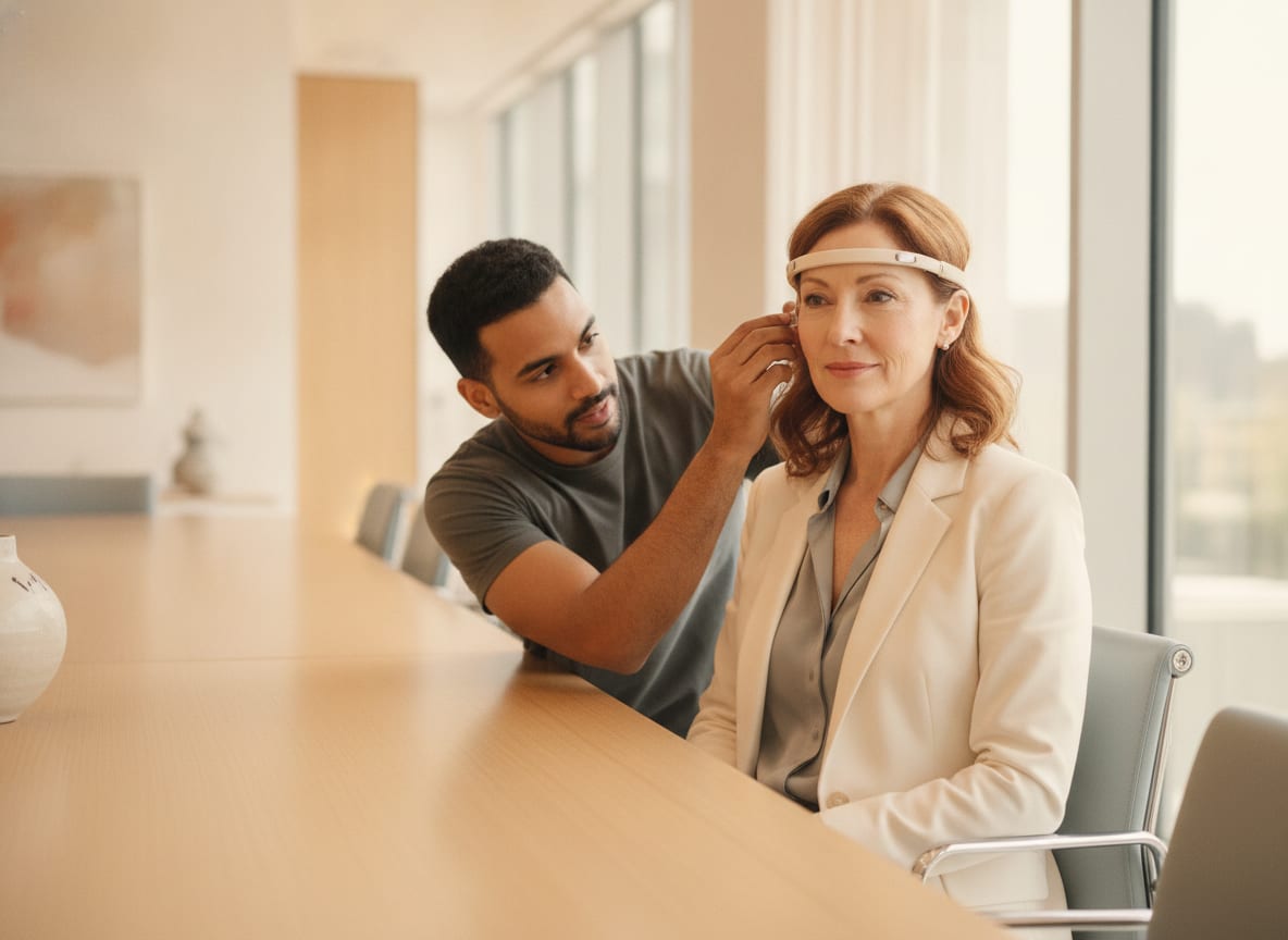 Bestuurder tijdens een Brain Wellness-meting in een bestuurskamer