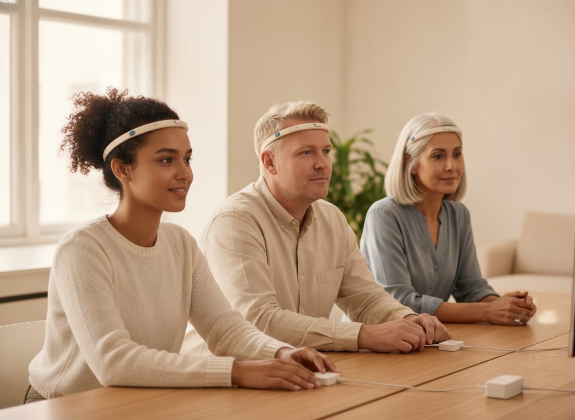 Drie deelnemers tijdens een gezamenlijke meetsessie