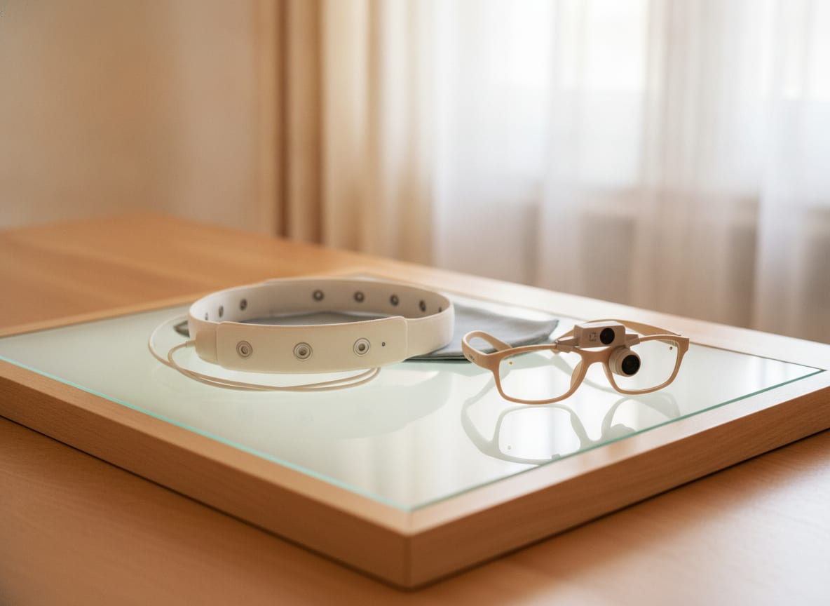 EEG-hoofdband en eyetracking-bril op een lichte tafel