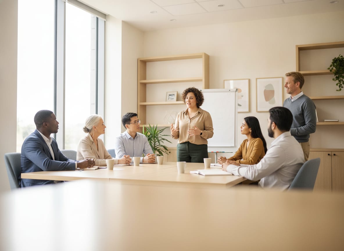 Trainer begeleidt een groep leidinggevenden