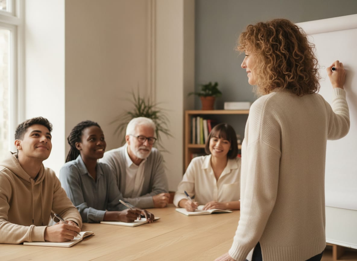 Trainer schrijft op een flip-over tijdens een workshop