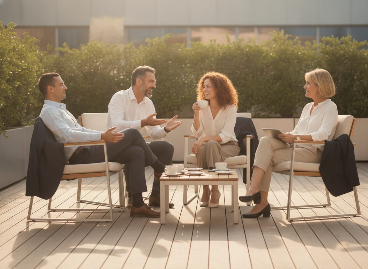 Directieleden in ontspannen gesprek op een terras
