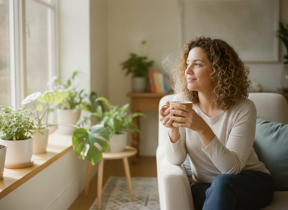 Vrouw met een warme kop thee bij het raam